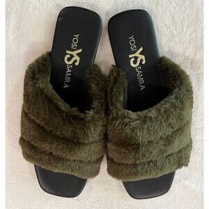 Yosi Samra Nora Olive Green Faux Fur Furry Slippers Sandals Shoes Sz 7 NEW Slide